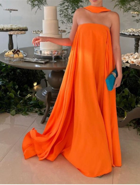 A-Line Evening Gown Fairy Dress Formal Wedding Guest Floor Length Sleeveless Strapless Chiffon with Pleats Shawl
