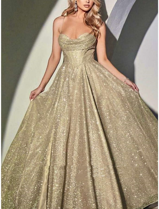 A-Line Evening Gown Elegant Dress Formal Court Train Sleeveless Spaghetti Strap Sequined with Glitter Pleats Ruched 2026