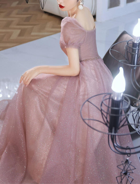 A-Line Beautiful Back Elegant Prom Formal Evening Birthday Dress Sweetheart Neckline Short Sleeve Floor Length Lace with Beading 2026 / Puff Balloon Sleeve
