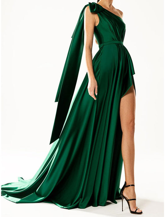 A-Line Evening Gown Elegant Dress Party Wear Wedding Guest Court Train Sleeveless One Shoulder Nylon with Bow(s)