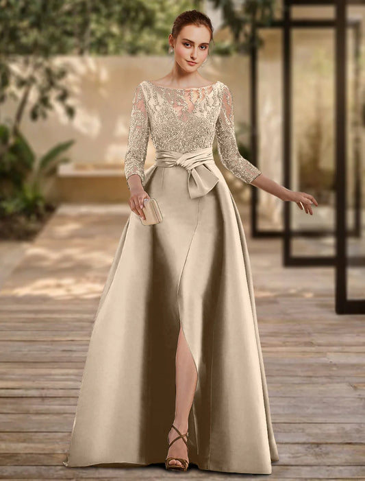 A-Line Evening Gown Open Back Dress Formal Wedding Guest Floor Length 3/4 Length Sleeve Scoop Neck Lace with Slit Strappy 2026