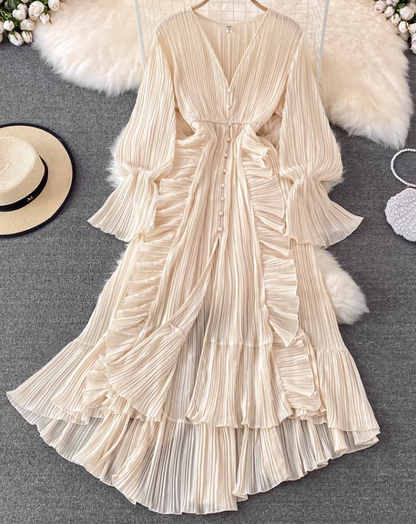 Spring super fairy seaside vacation ruffled high waist slim V-neck dress desert travel red long skirt R0329