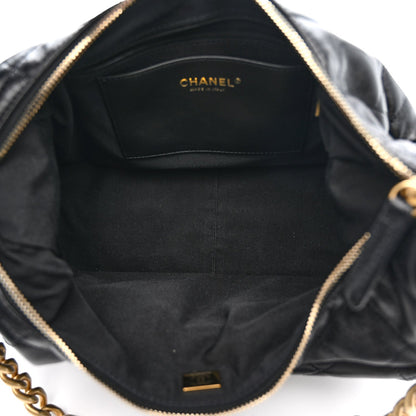 Shiny Lambskin Quilted Trendy Pockets Hobo Black