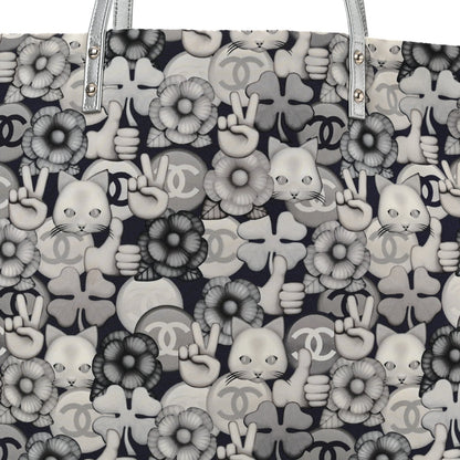 Nylon Cat Emoticon Tote Navy Silver