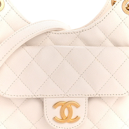 Caviar Quilted Small Wavy CC Hobo White