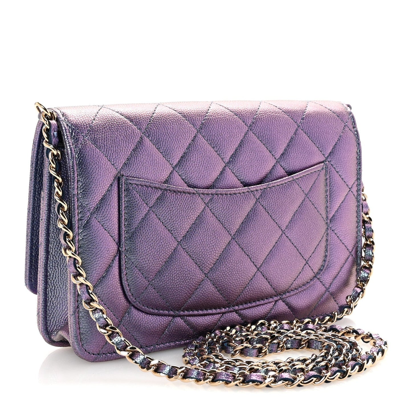 Iridescent Caviar Quilted Wallet on Chain WOC Dark Blue