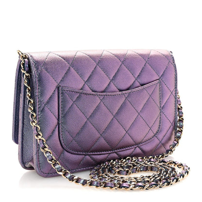 Iridescent Caviar Quilted Wallet on Chain WOC Dark Blue