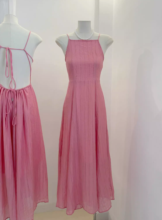 2025 new summer light peach pink sleeveless large swing backless holiday fairy back lace-up dress R0302