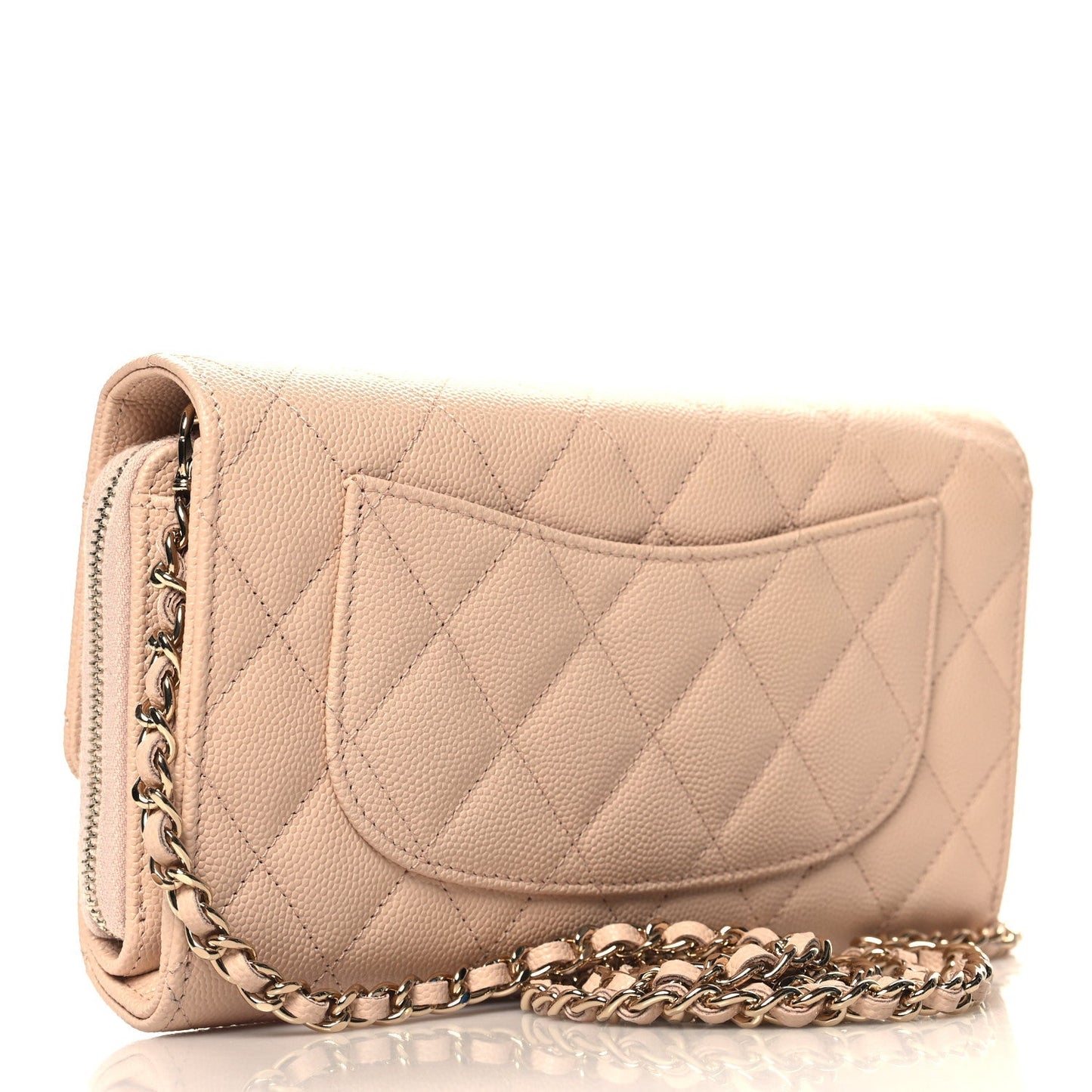 Caviar Quilted Phone Holder Wallet on Removable Chain Light Beige