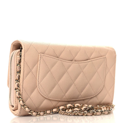Caviar Quilted Phone Holder Wallet on Removable Chain Light Beige