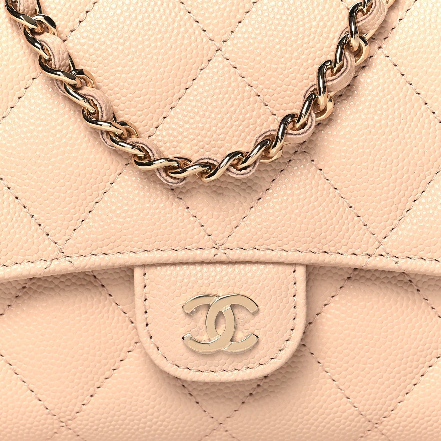 Caviar Quilted Phone Holder Wallet on Removable Chain Light Beige