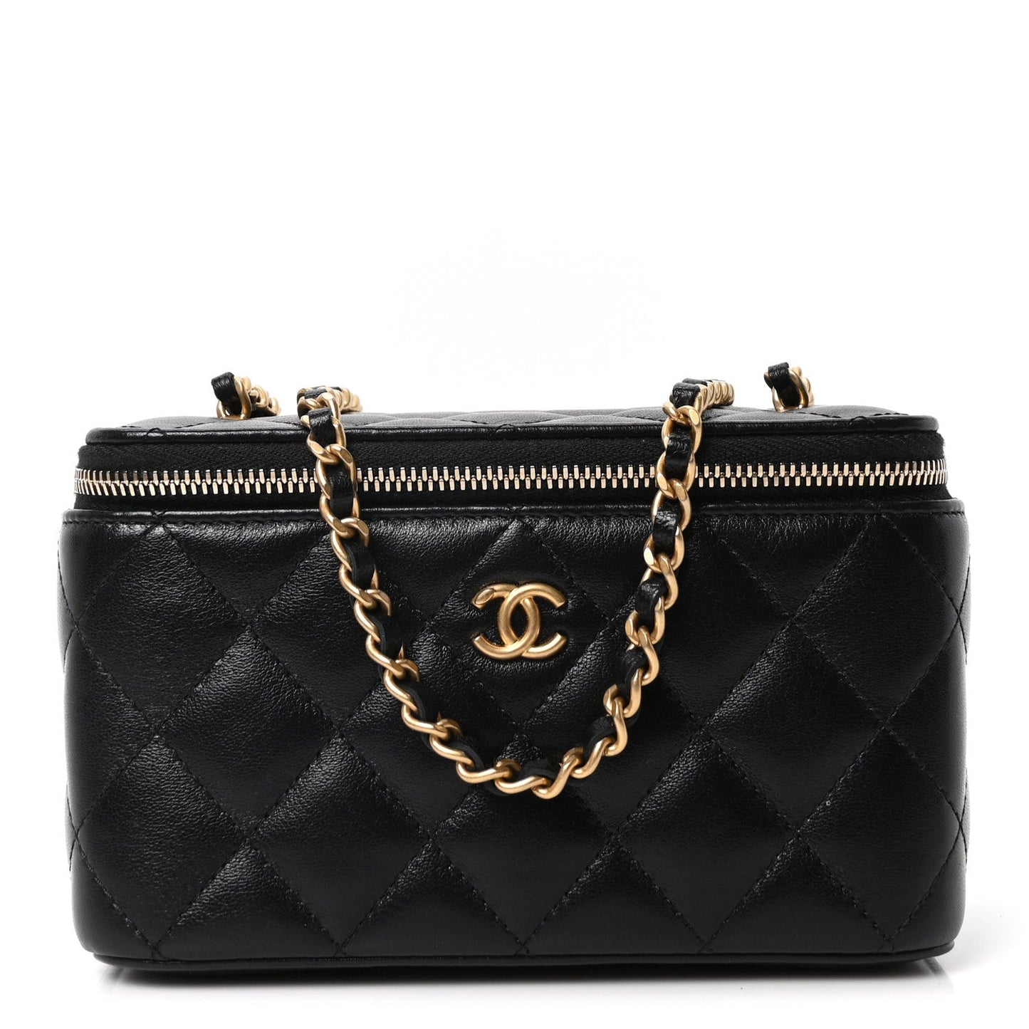 Lambskin Quilted Pearl Crush Small Vanity Case With Chain Black