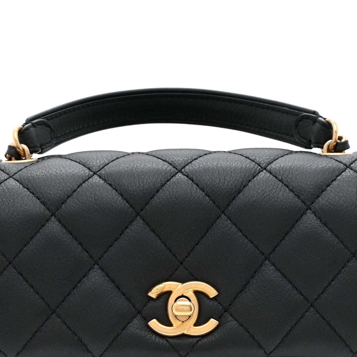 Calfskin Quilted Top Handle Flap Black