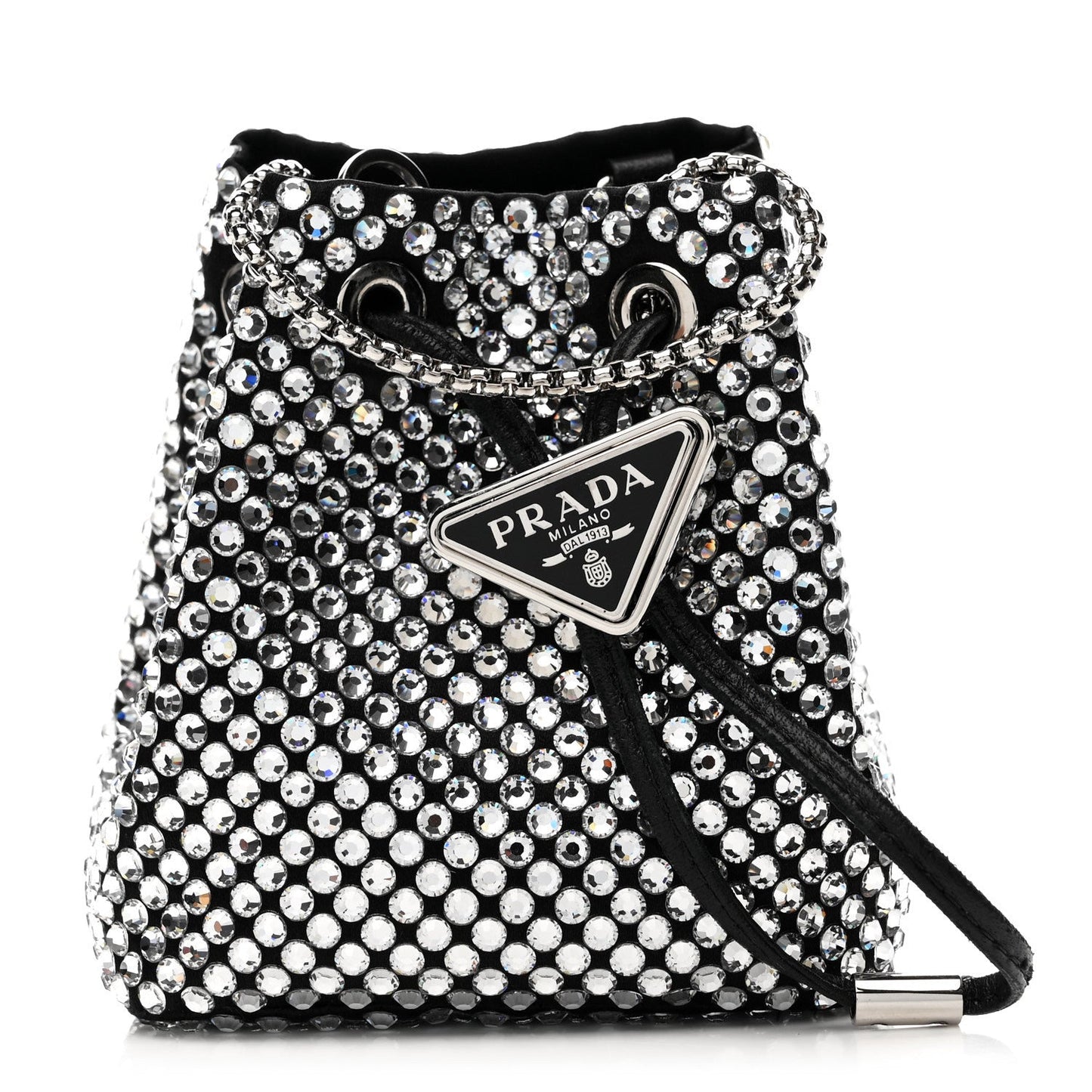 Satin Crystal Metal Triangle Logo Mini Drawcord Pouch Shoulder Bag Cristal