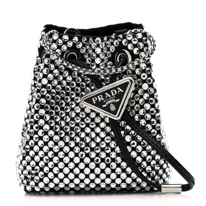 Satin Crystal Metal Triangle Logo Mini Drawcord Pouch Shoulder Bag Cristal
