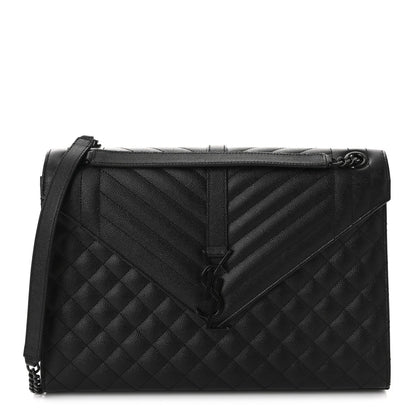 Grain De Poudre Textured Mixed Matelasse Large Triquilt Monogram Monochrome Satchel Black
