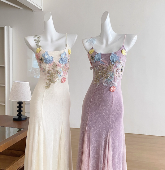2025 new flower lace mesh fishtail dress medium-length slim hip-wrapped suspender skirt R0280