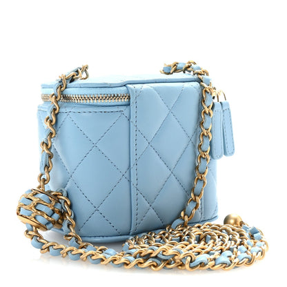 Lambskin Quilted Pearl Crush Mini Vanity Case With Chain Light Blue