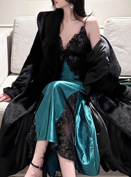 High-grade sequined lace satin dress 2025 plus size evening dress suspender skirt R1116