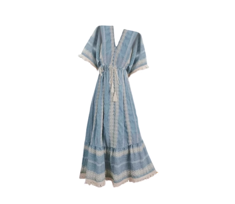 2025 new bohemian holiday dress blue v-neck embroidered beach maxi dress R0008