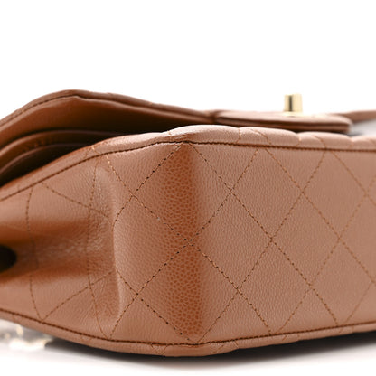 Caviar Quilted Small Double Flap Light Brown