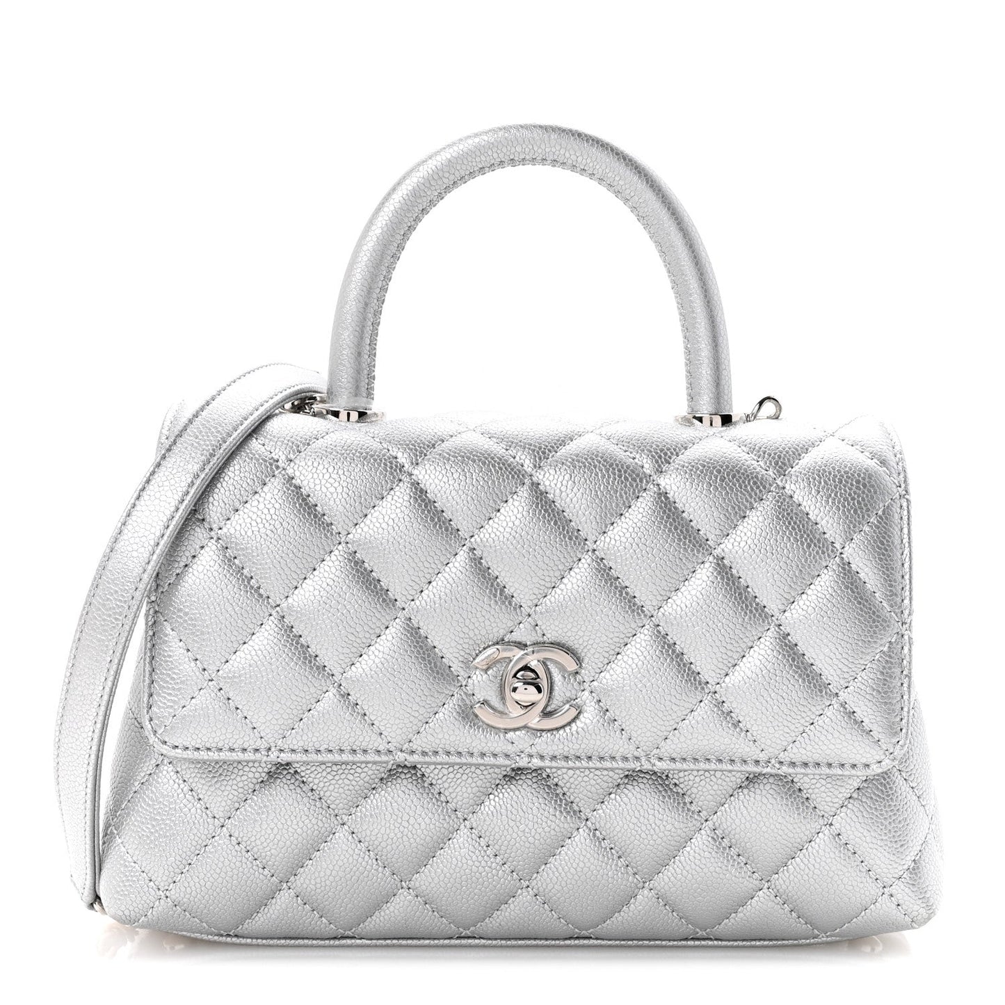 Metallic Caviar Quilted Mini Coco Handle Flap Silvery