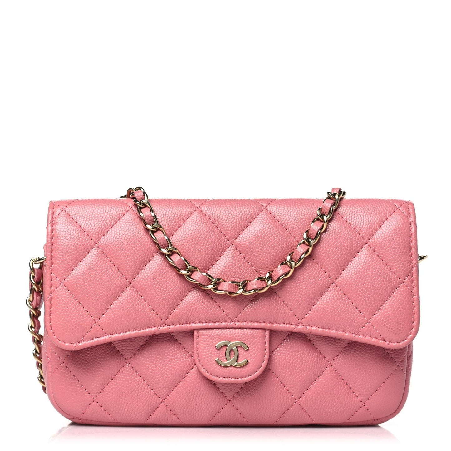 Caviar Quilted Flap Phone Holder With Chain Pink