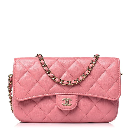 Caviar Quilted Flap Phone Holder With Chain Pink