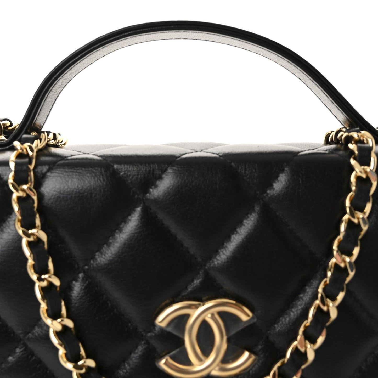 Shiny Aged Calfskin Quilted Flap Phone Holder With Chain Black