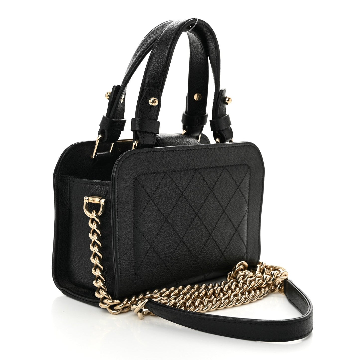 Grained Calfskin Stitched Mini Label Click Shopper Tote Black