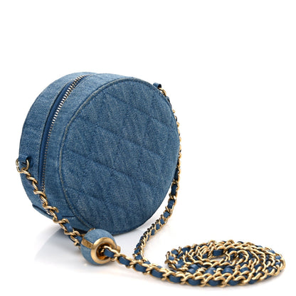 Denim Quilted Round Pearl Crush Clutch With Chain Blue