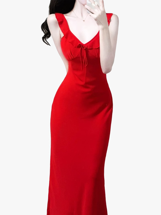2025 Summer New Red Sexy Dress V-neck Date High-end Holiday Dress R0936