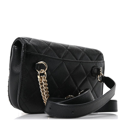 Caviar Quilted Studded Flap Waist Bag Black