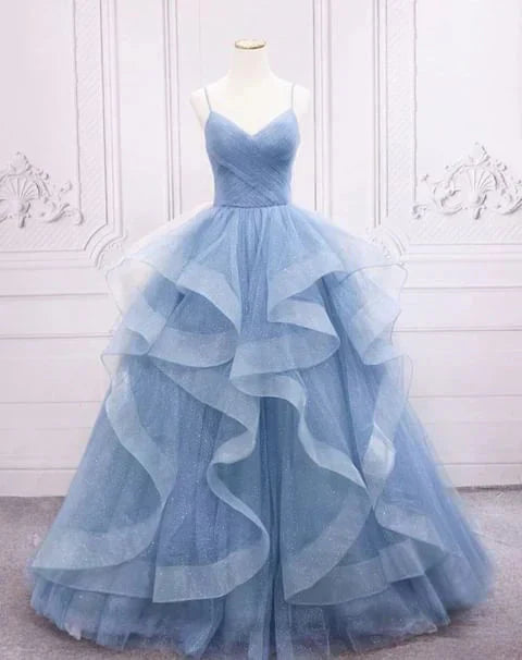 Green/Blue Long Shiny Elegant Spaghetti Straps Long Ruffled Organza Ball Gowns Prom Dress Quinceanera Dresses