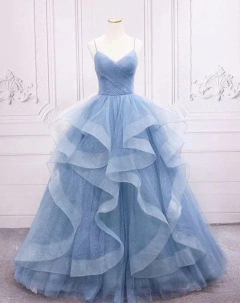 Green/Purple/Blue Fashion Elegant Spaghetti Strap Long Organza Ruffles Ball Gowns Prom Gowns Graduation Gowns Adult Ceremony Gowns