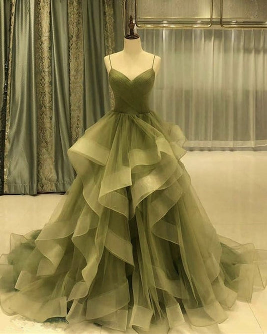 Green/Purple/Blue Fashion Elegant Spaghetti Strap Long Organza Ruffles Ball Gowns Prom Gowns Graduation Gowns Adult Ceremony Gowns