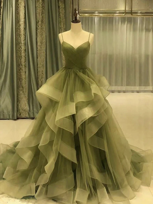 Green/Blue Long Shiny Elegant Spaghetti Straps Long Ruffled Organza Ball Gowns Prom Dress Quinceanera Dresses