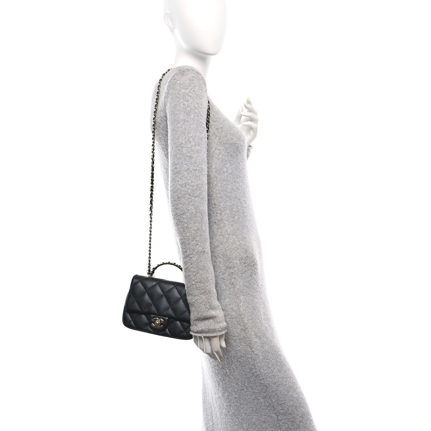 Lambskin Quilted Resin Pearl Chain Top Handle Flap Black