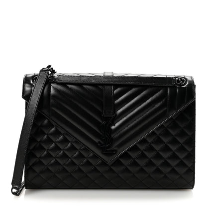 Grain De Poudre Textured Mixed Matelasse Large Triquilt Monogram Monochrome Satchel Black