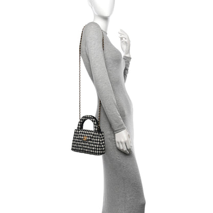 Tweed Houndstooth Quilted Nano Kelly Shopper Black White