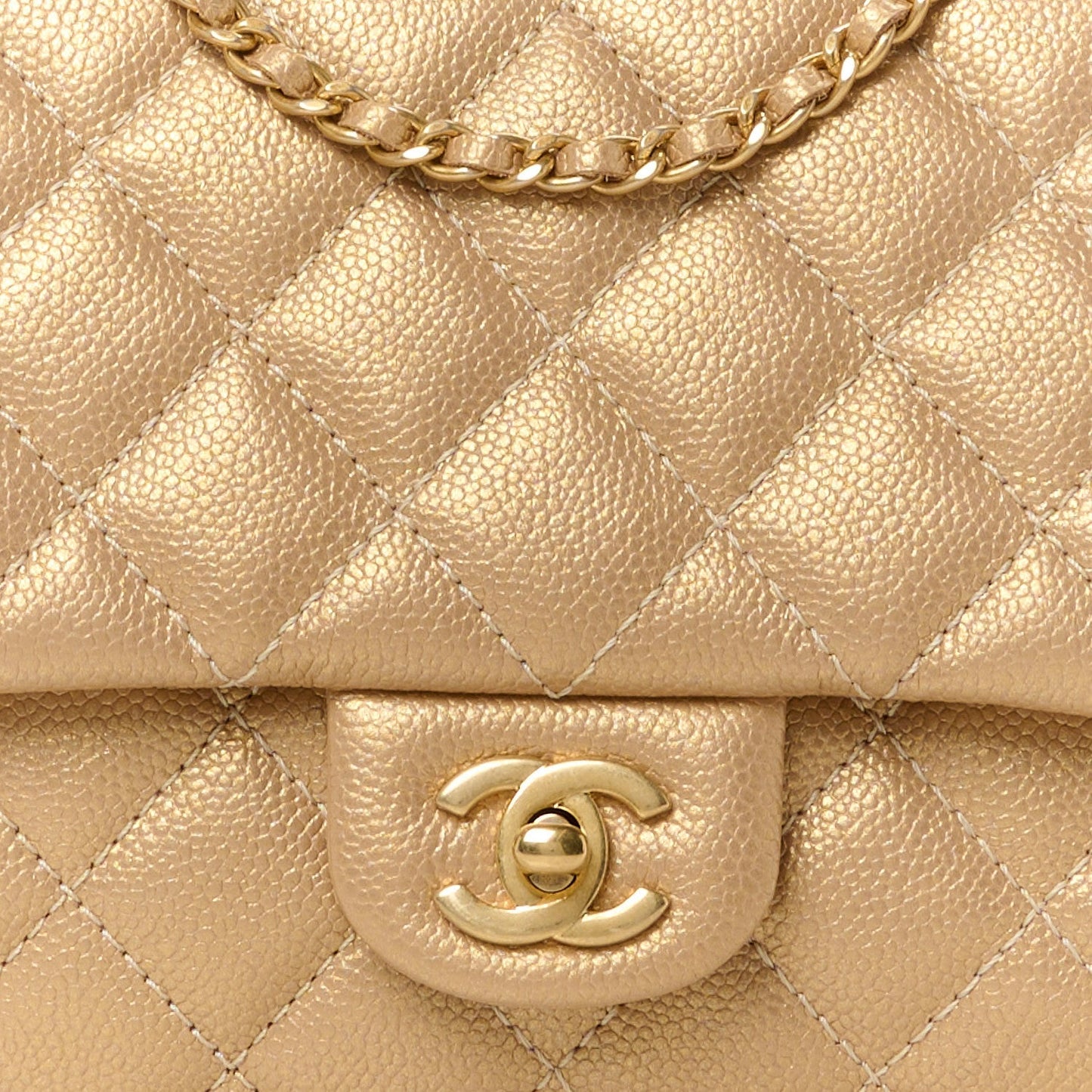Metallic Caviar Quilted Clutch With Chain Flap Gold