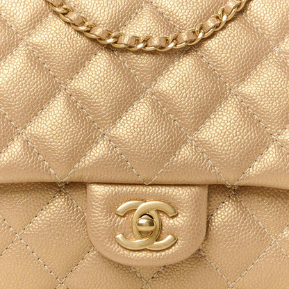 Metallic Caviar Quilted Clutch With Chain Flap Gold