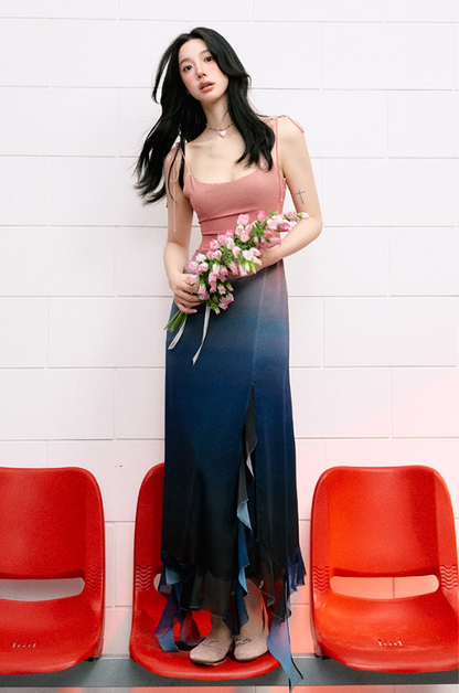 Design suspender dress high waist summer waist slimming gradient irregular long skirt R3328