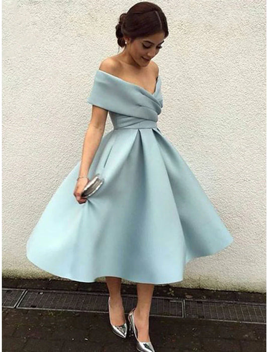 A-Line Cocktail Dresses 1950s Dress Wedding Guest Homecoming Tea Length Short Sleeve V Neck Fabric V Back with Pleats