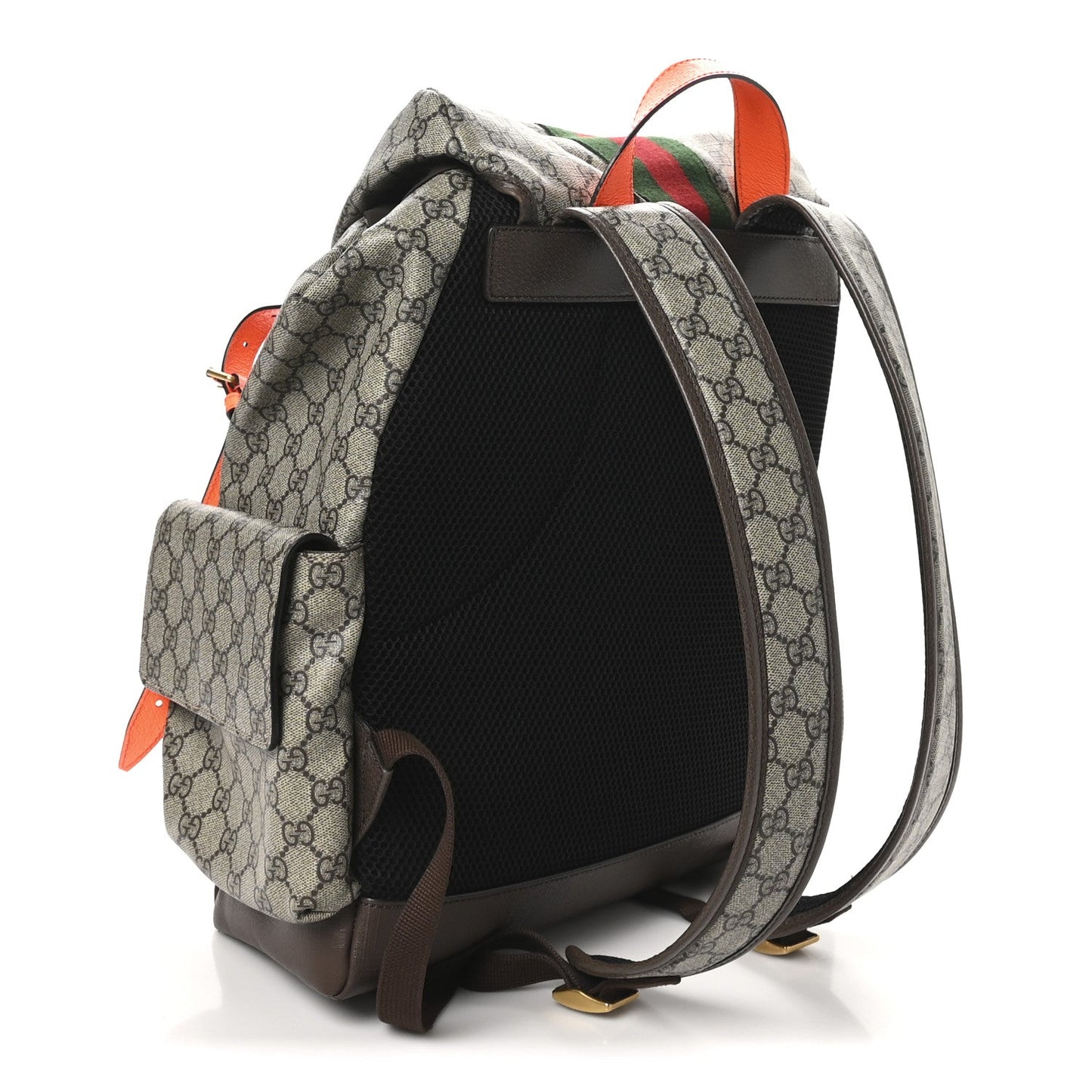 GG Supreme Monogram Medium Ophidia Double Buckle Backpack Beige Ebony Neon Orange