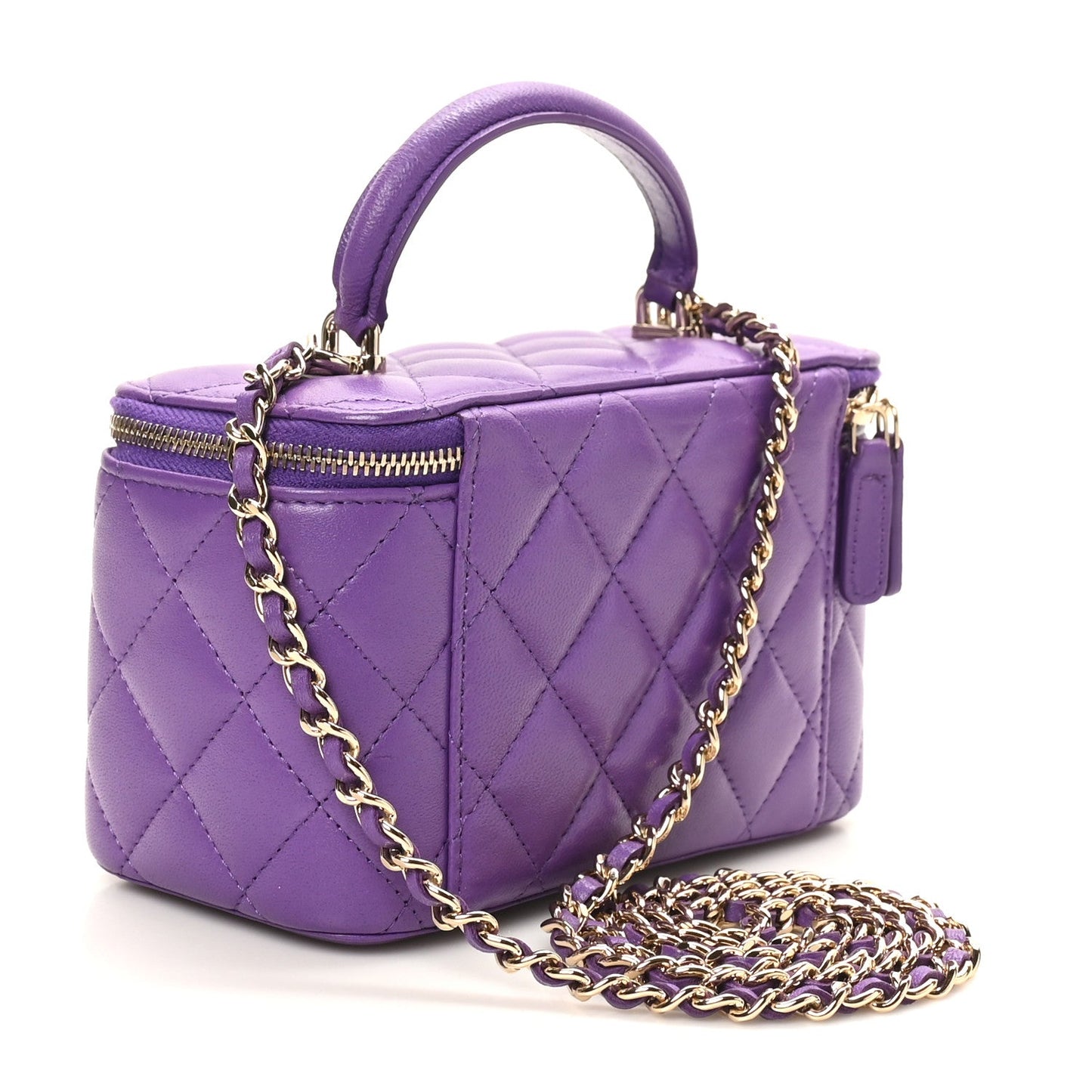 Lambskin Quilted Small Top Handle Vanity Case With Chain Purple