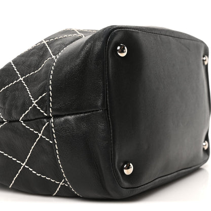 Calfskin Contrast Stitch Surpique Bucket Bag Black