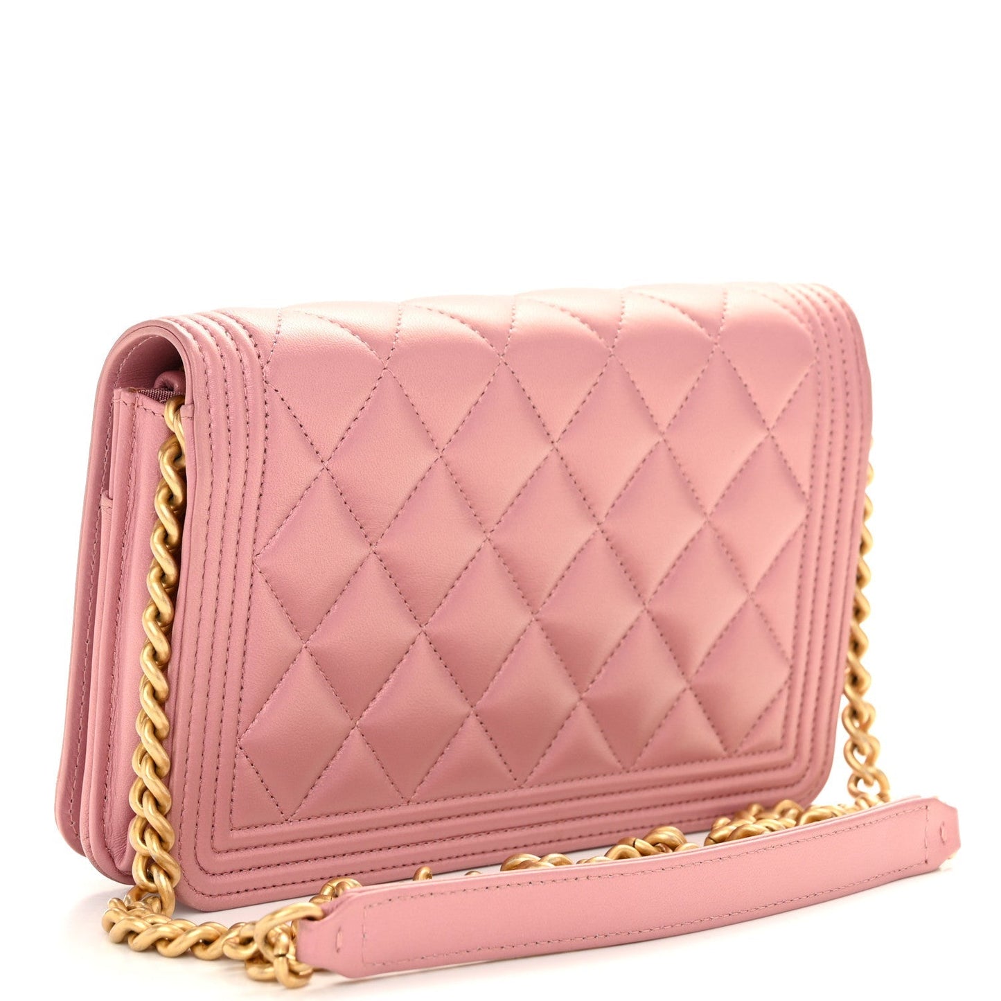 Metallic Lambskin Quilted Boy Wallet On Chain WOC Pink