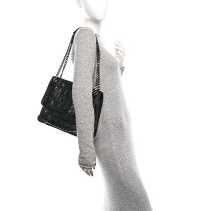 Crinkled Calfskin Matelasse Monogram Large Niki Chain Satchel Black