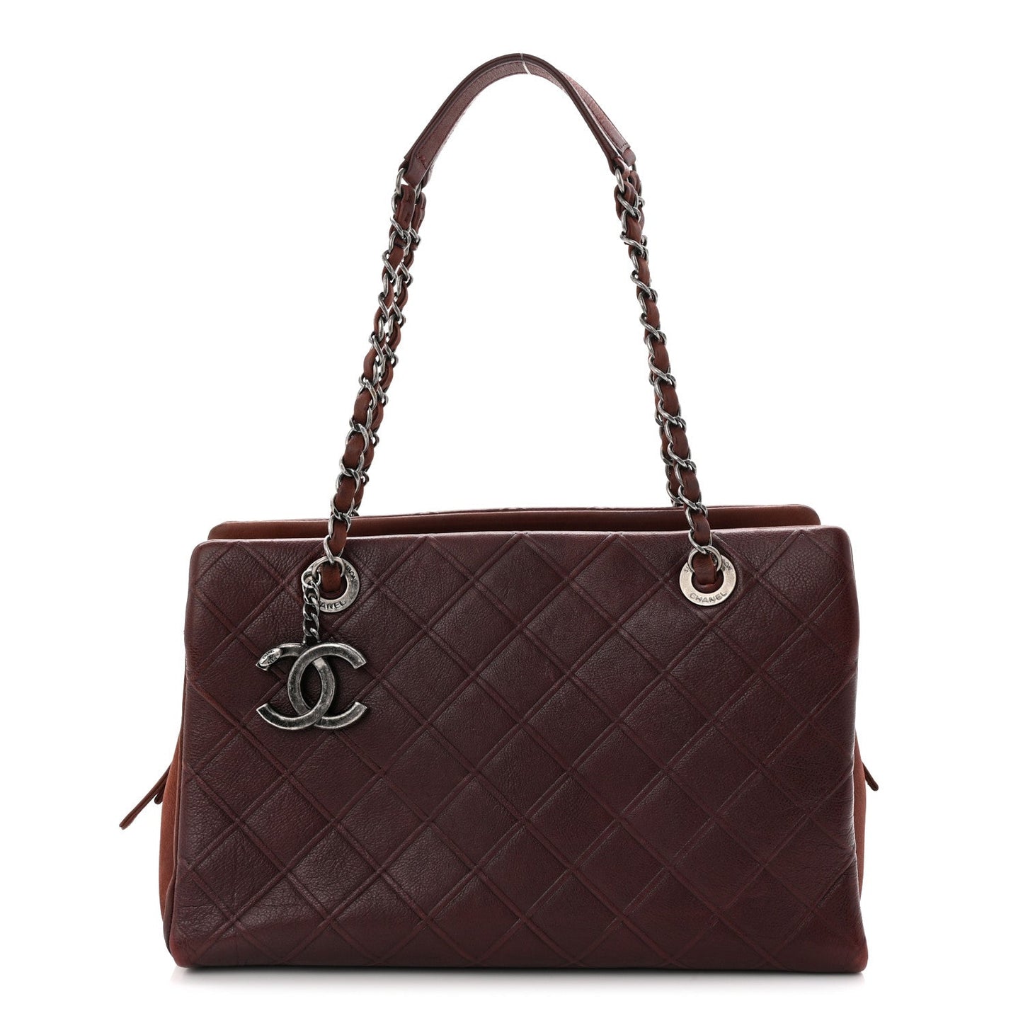 Calfskin Diamond Embossed Large CC Zip Shopping Tote Burgundy